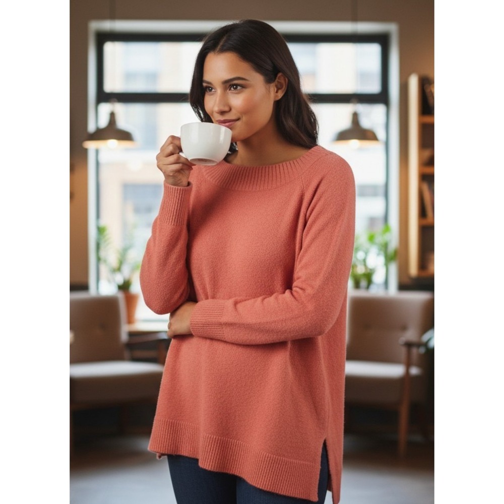 Loft M Sweater Coral Pink Tunic Wool Blend Cottage Cozy Boho Cabin Rustic Comfy